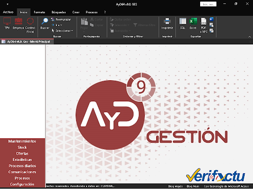 Pantalla del software de gestión AyD Gestión versión 9.0 preparado para la normativa legal y factura electrónica
