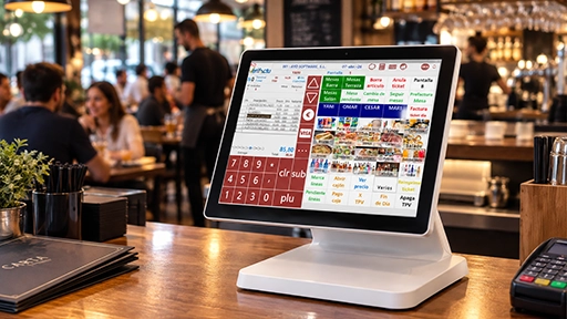 Terminal TPV táctil profesional de 15 pulgadas ejecutando el software de gestión AyD TPV en un restaurante